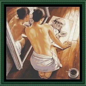 Patrones punto cruz mujer que pinta un cuadro junto a un espejo 