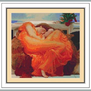 Patrones de punto de cruz de mujer dormida con vestido naranja