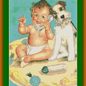 Patrones de punto de cruz de un bebé jugando con un teléfono y un perro