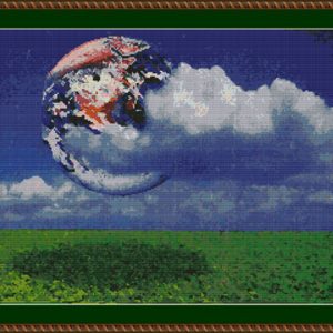 Cross stitch scheme of the world ball in a landscape