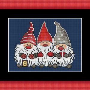 Cross stitch scheme of three gnomes with a lantern