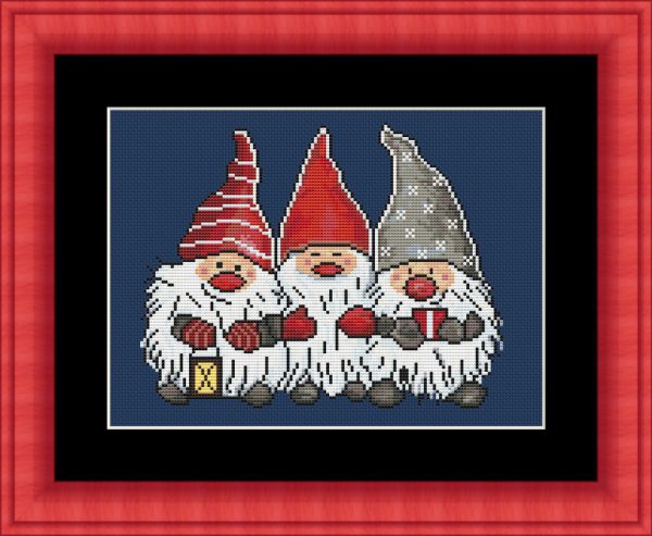 Cross stitch scheme of three gnomes with a lantern