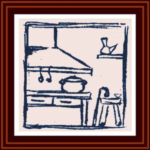 Patrones de punto de cruz de dibujo de una cocina en azul