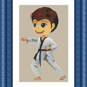 Patrones de punto de cruz de un niño con kimono de judo o karate