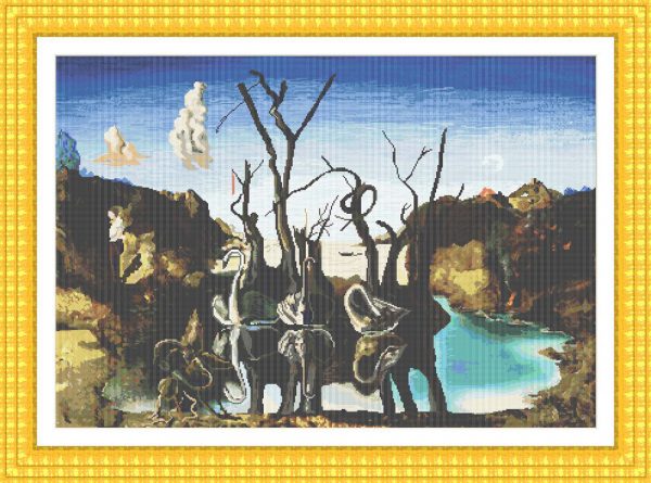 Patrones punto cruz de Los cisnes que se reflejan como elefantes de Dalí