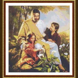 Patrones de punto de cruz de Jesús con dos niños
