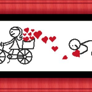 Patrones de punto de cruz de Cojín con bicicleta corazones y señor