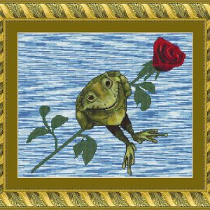 Patrones de punto de cruz de una rana con una rosa en la boca