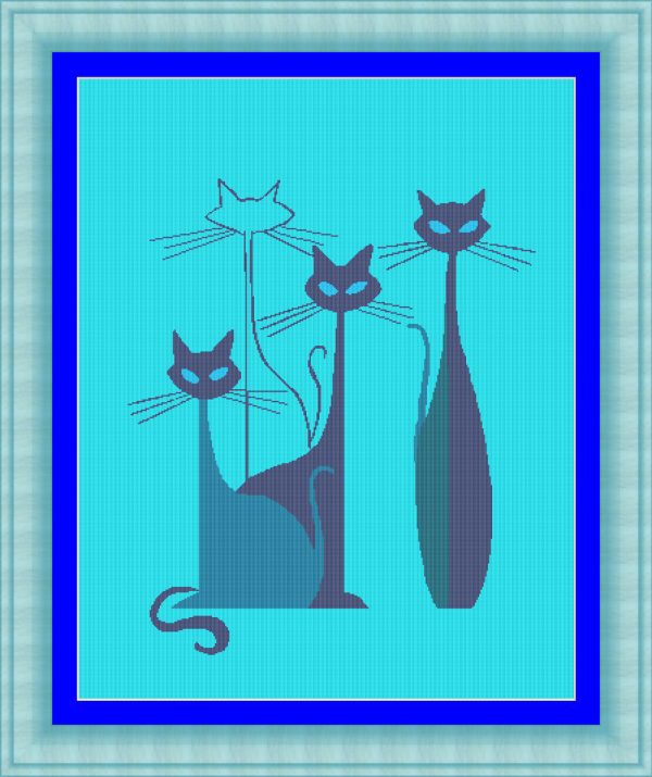 Patrones de punto de cruz de cuatro gatos con fondo azul