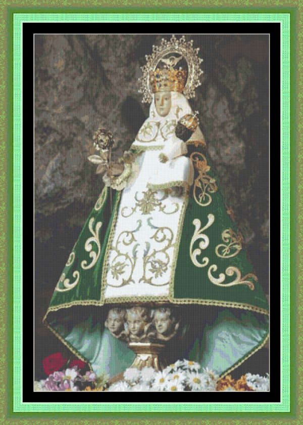 Patrones de punto de cruz de la Virgen de Covadonga con manto verde