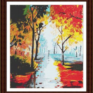Background cross stitch scheme with trees in autumn