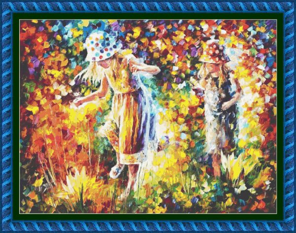 Cross stitch scheme of girls in the country