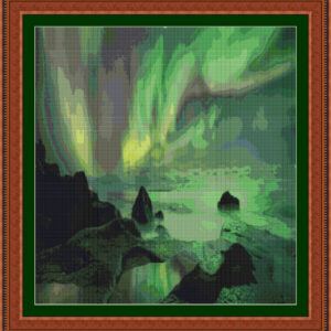 Cross-stitch scheme of the northern lights over the sea
