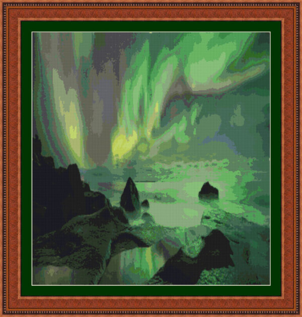 Cross-stitch scheme of the northern lights over the sea