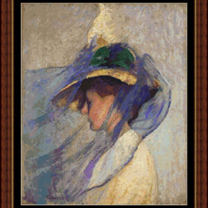 Cross stitch scheme of a lady with a blue veil