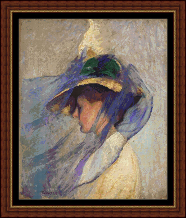 Cross stitch scheme of a lady with a blue veil
