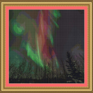 Cross stitch scheme of aurora borealis over a forest