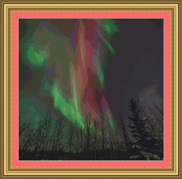 Cross stitch scheme of aurora borealis over a forest