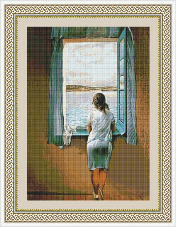 Esquema de punto de cruz de Muchacha en la ventana de Dalí a 50 cm