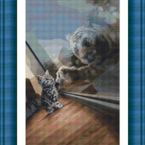 Cross stitch scheme of a cat reflected in the mirror like a tiger