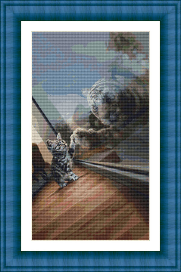 Cross stitch scheme of a cat reflected in the mirror like a tiger