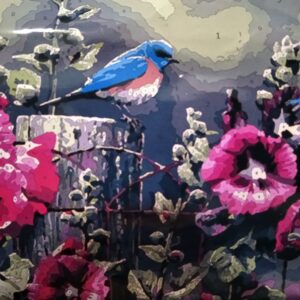 Canvas to paint by numbers of a bird with flowers