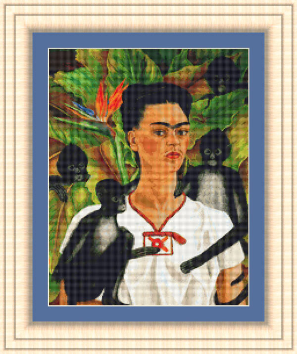 Esquema de punto de cruz de Autoretrato de Frida Kahlo con monos