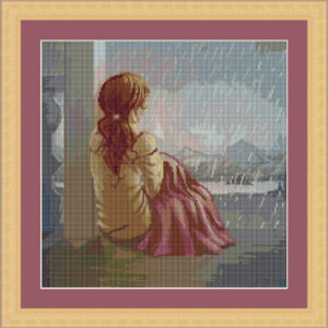 Patrones de punto de cruz de niña sentada mirando la lluvia