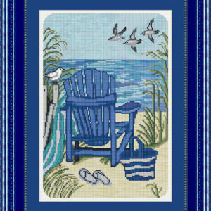 Patrones de punto de cruz de una silla azul en la playa