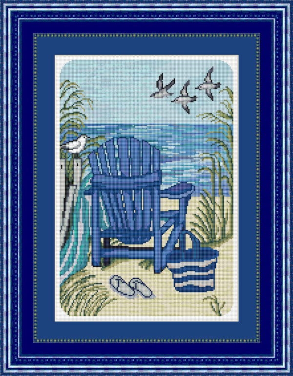 Patrones de punto de cruz de una silla azul en la playa