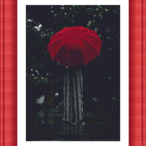 Patrones de punto de cruz de Dama con paraguas rojo bajo la lluvia