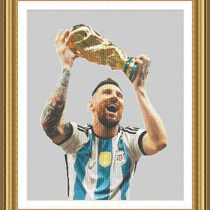 Patrones de punto de cruz de Leo Messi con la copa del mundo