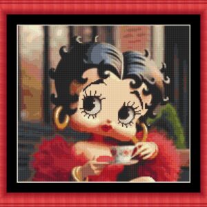Betty Boop vestida con un elegante vestido rojo, tomando un café con estilo