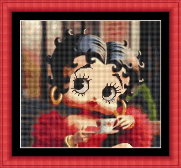 Betty Boop vestida con un elegante vestido rojo, tomando un café con estilo